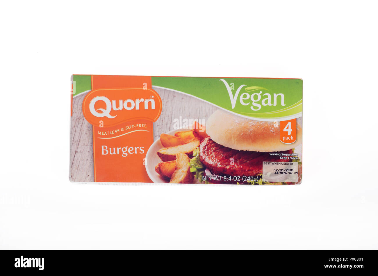 Box of Quorn Vegan Burgers which are meatless, soy-free and frozen Stock Photo