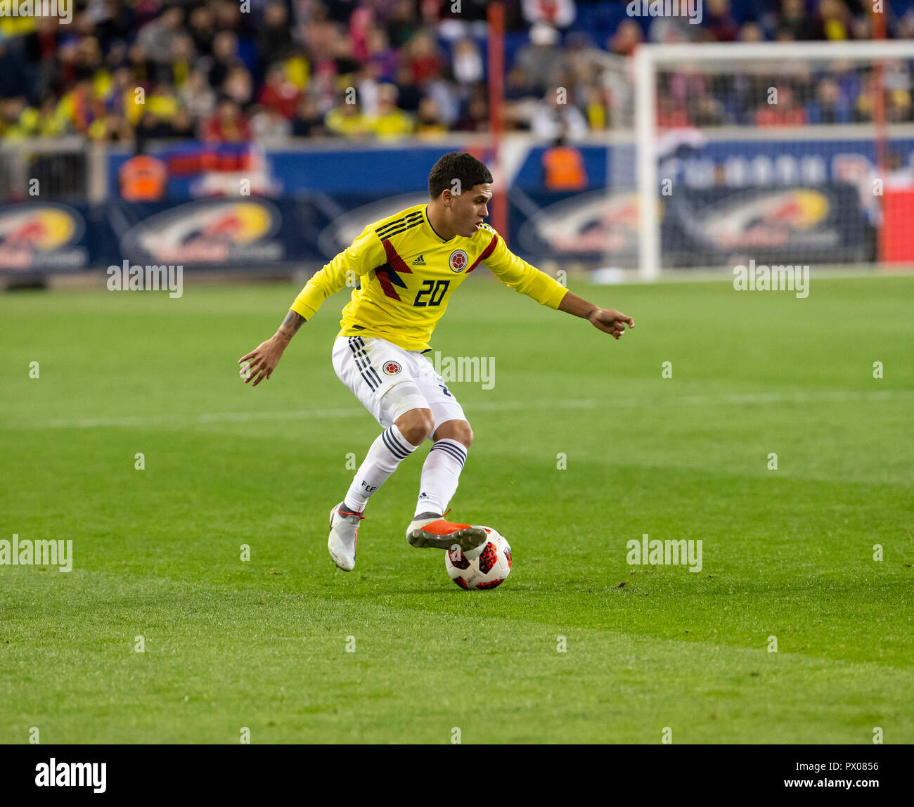 Harrison, NJ - October 16, 2018: Juan Fernando Quintero (20) of Colombia controls ball during the friendly soccer game between Costa Rica & Colombia at Red Bull Arena Colombia won 3 - 1 Stock Photo