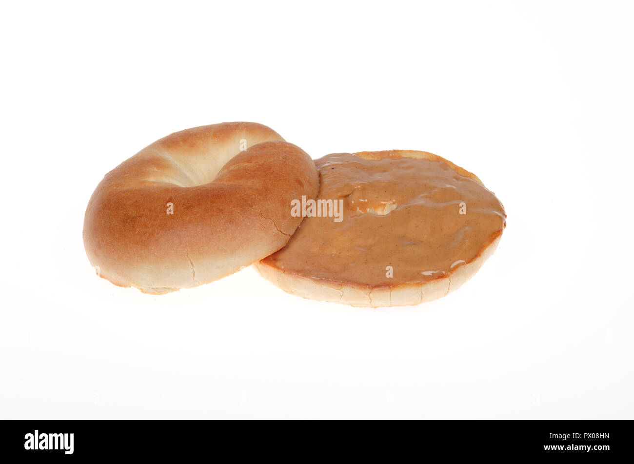 Peanut butter bagel on white Stock Photo