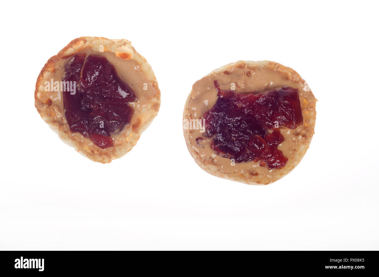 Peanut butter and jelly on an english muffin Stock Photo