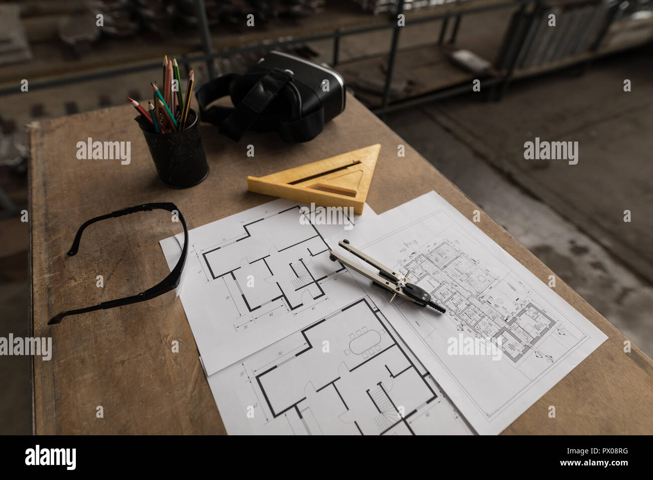 Blueprint and tools in workshop Stock Photo