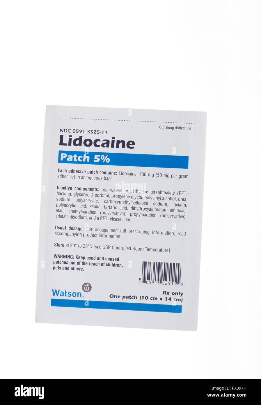 A Lidocaine 5 percent transdermal adhesive patch for pain relief made by Watson Laboratories, Inc. on white Stock Photo