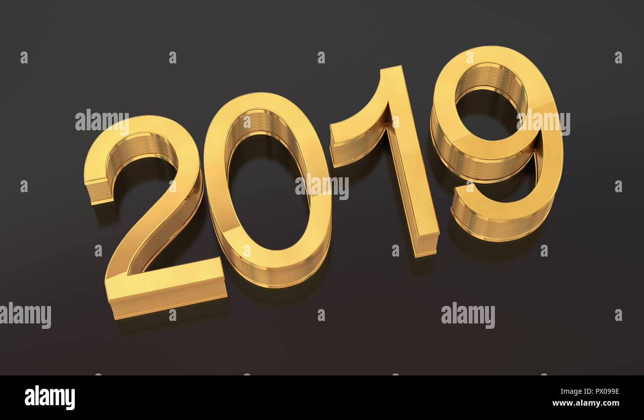 3D Gold Metal 2019 on Gray Background. Three-dimensional rendering. Stock Photo