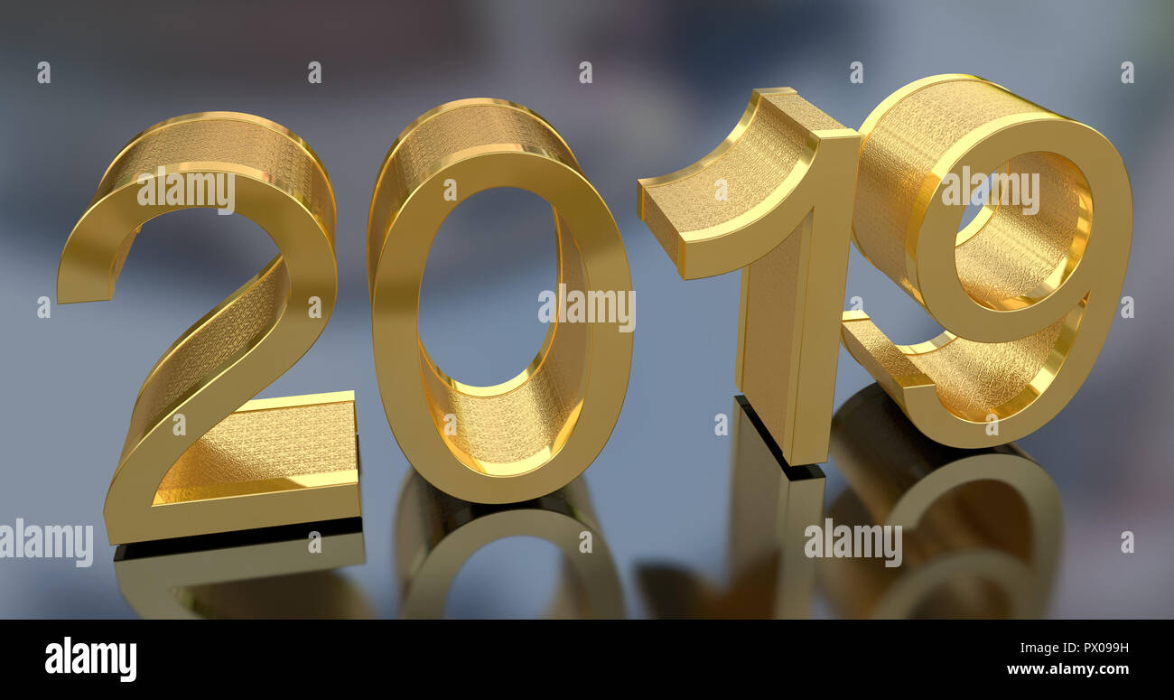 3D Gold Metal 2019 on Gray Background. Three-dimensional rendering. Stock Photo