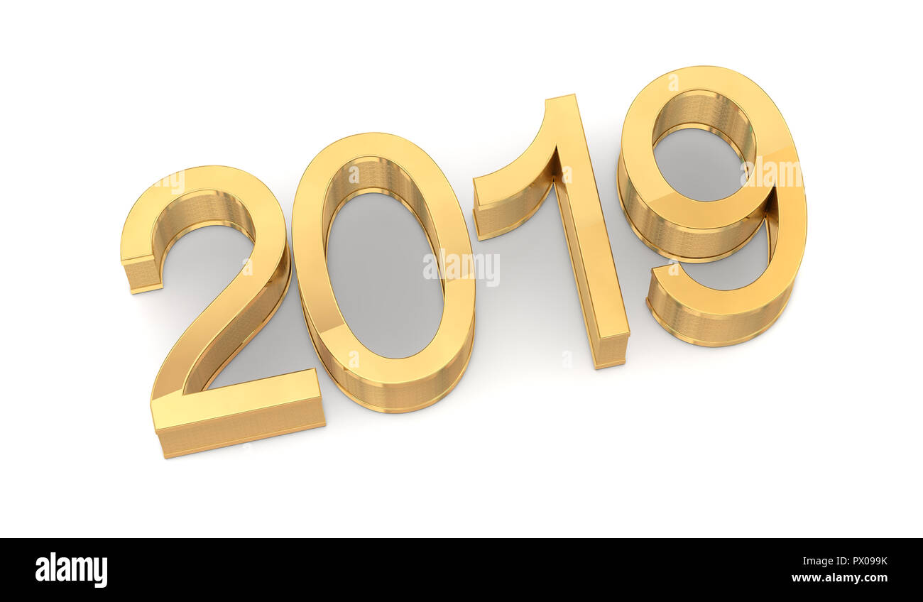 3D Golden 2019 on White Background. Three-dimensional rendering. Stock Photo