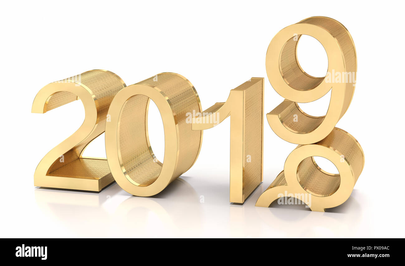 3D Golden 2019. 2018-2019 change represents the new year 2019. Stock Photo