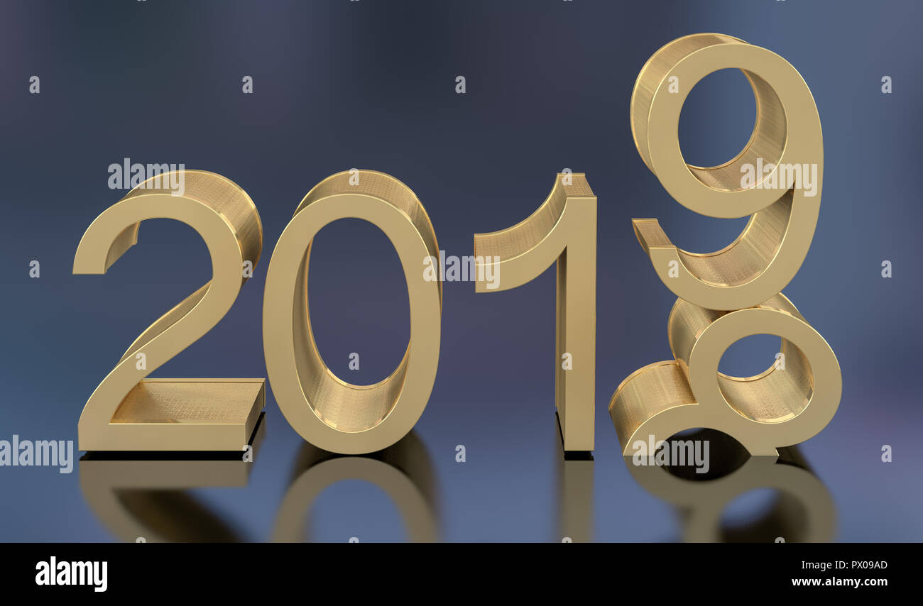 3D Golden 2019. 2018-2019 change represents the new year 2019. Stock Photo