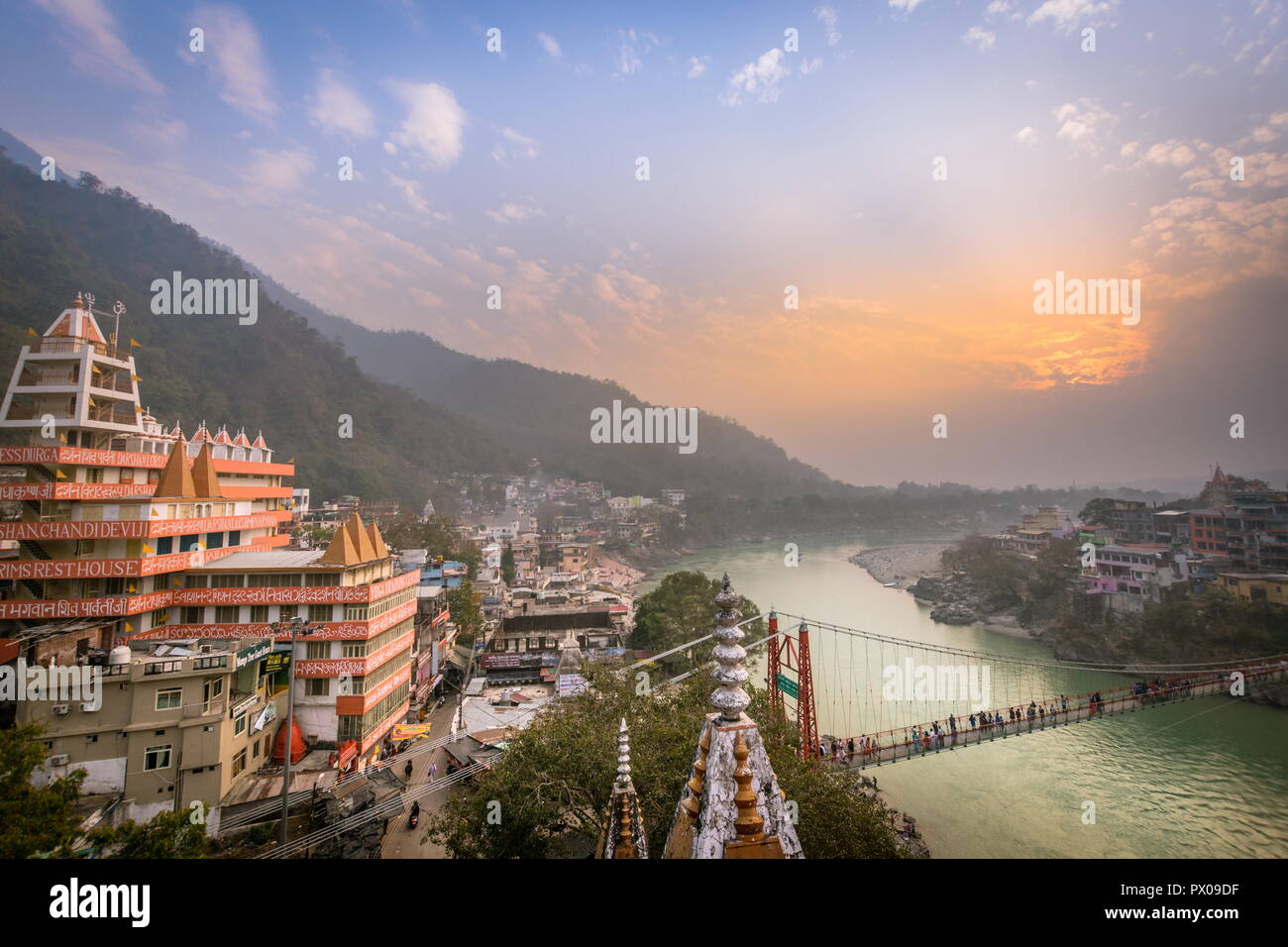 Rishikesh on the Ganges river valley in Uttarakhand Rahman Jhoula Stock Photo