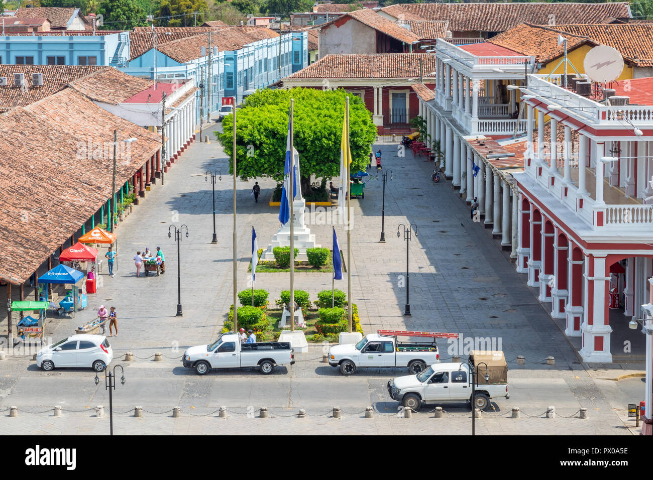 View from the bell tower of the cathedral down to Plazoleta de los Leones, Granada, Nicaragua, Central America Stock Photo