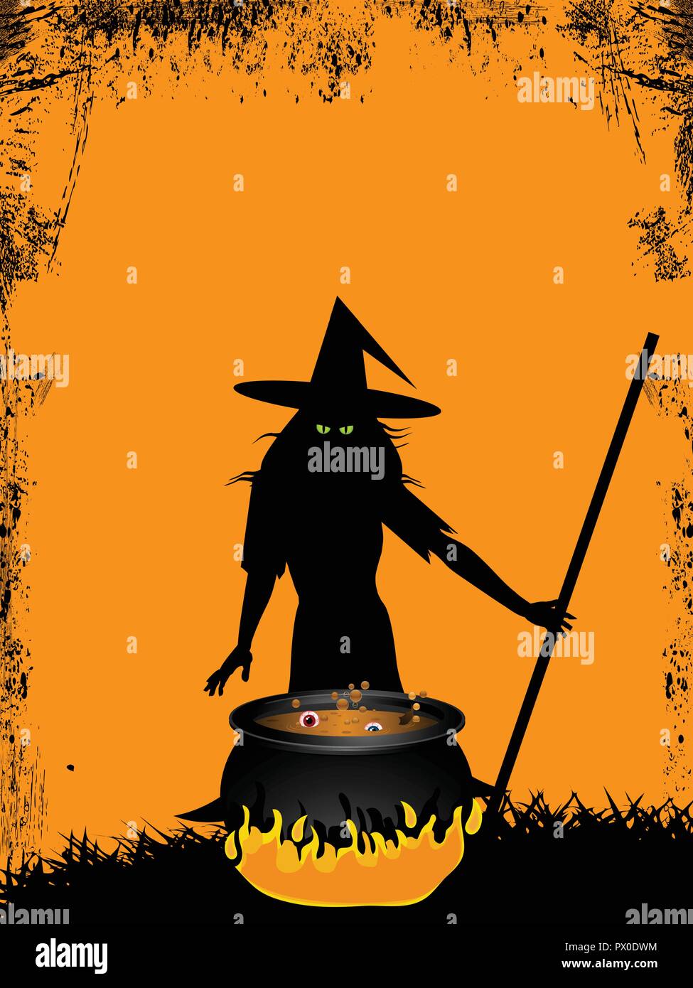Halloween Spooky Witch with Green Evil Eyes on Front of Cauldron Over Yellow Grunge Background Stock Vector
