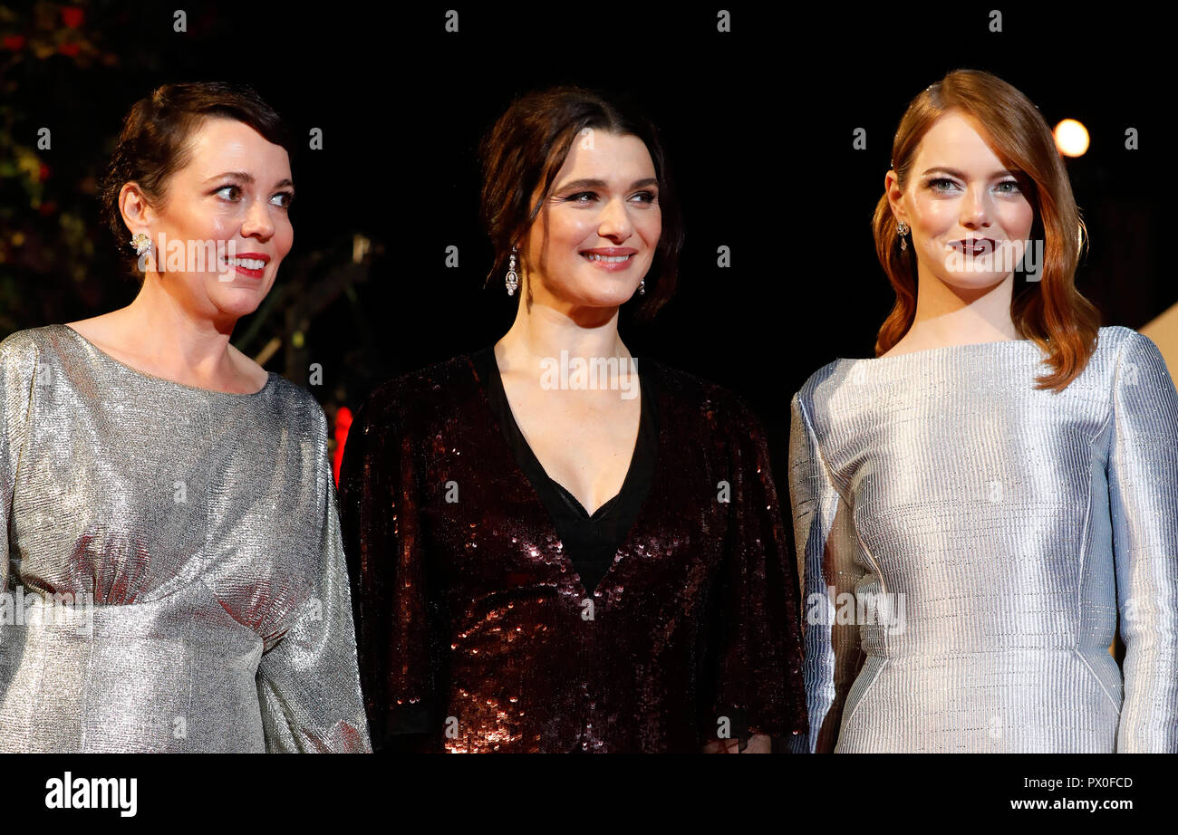 Olivia Colman, Rachel Weisz and Emma Stone attending the UK premiere of