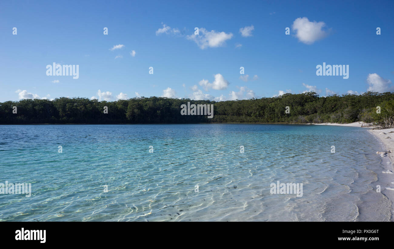 This is a beautiful small lake on Fraser Island, Australia. Remarkable colour water and sands. Stock Photo
