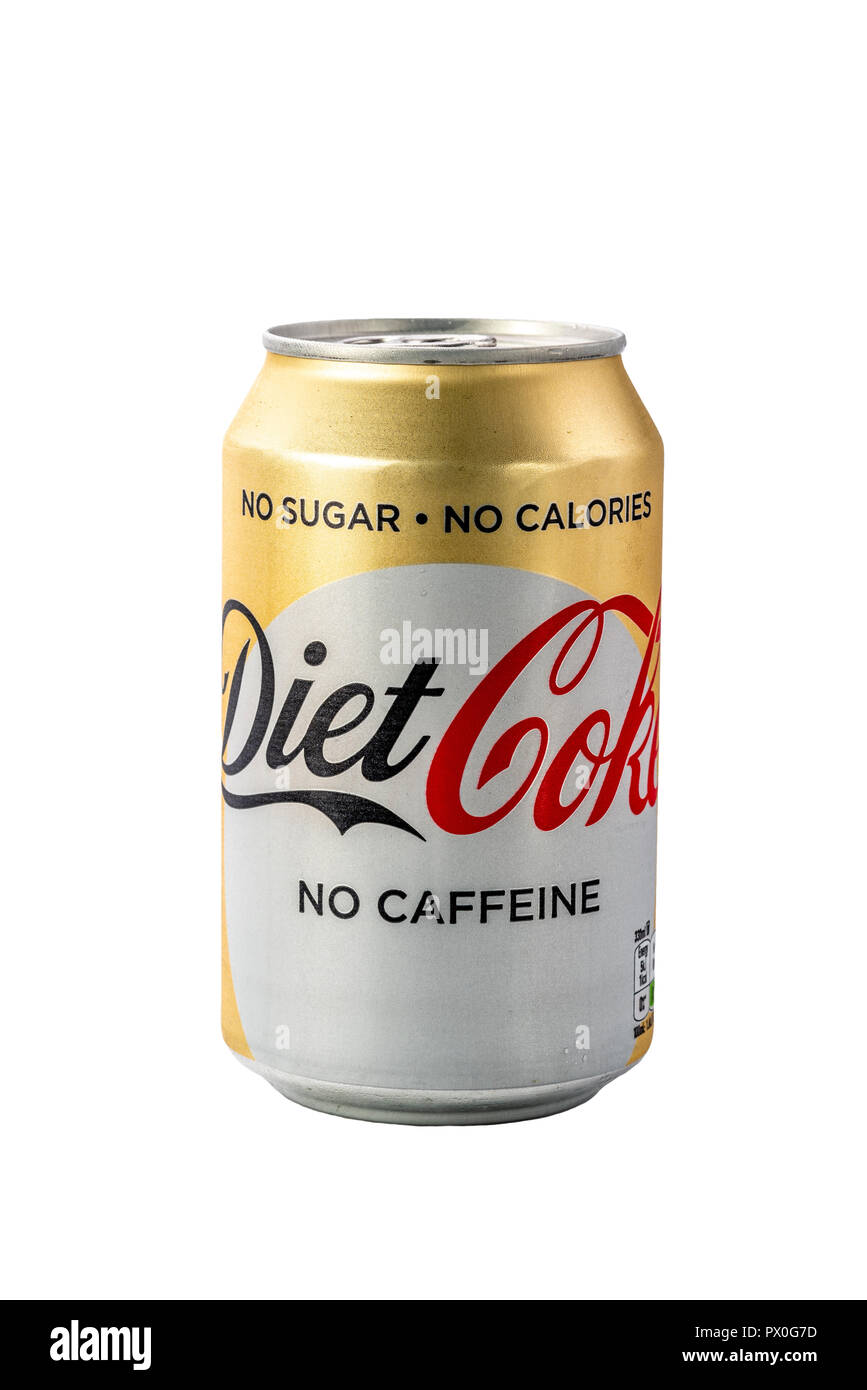 Isolated can of diet coca cola, with no calories, no sugar, no caffeine. Stock Photo