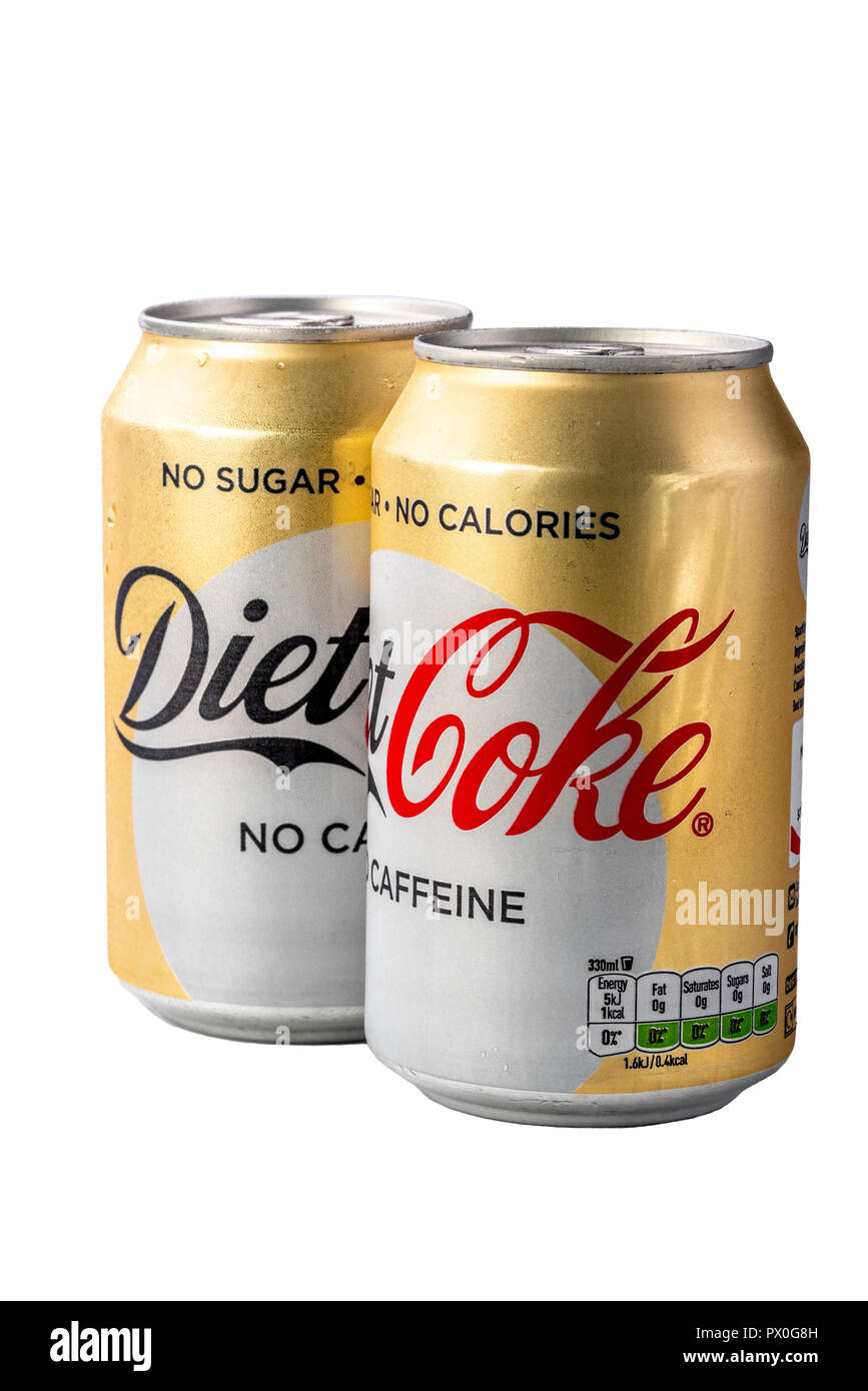 Cans of diet coca cola, with no calories, no sugar, no caffeine. Stock Photo