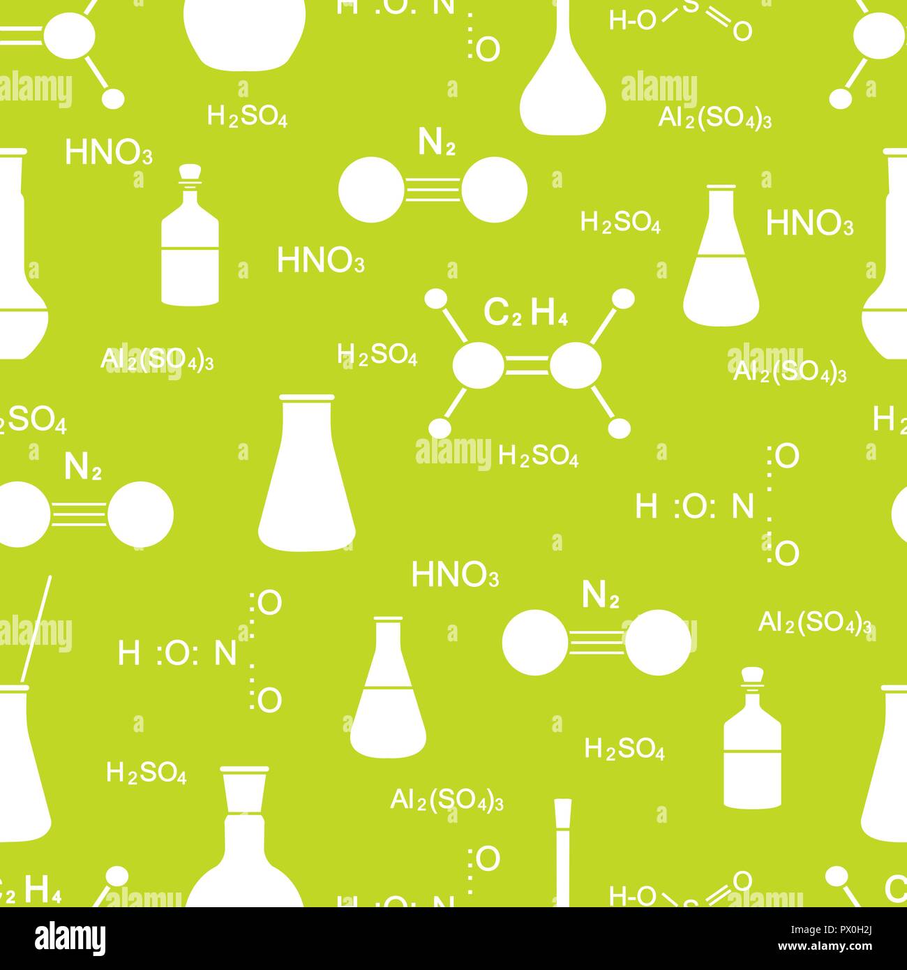 Scientific vector seamless pattern with flasks, beakers, molecule ...