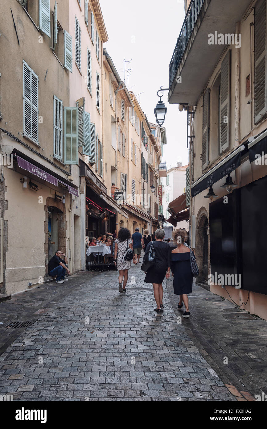 Cannes, France, September 15, 2018:  Impression of the narrow streets in the old center of Cannes in France Stock Photo