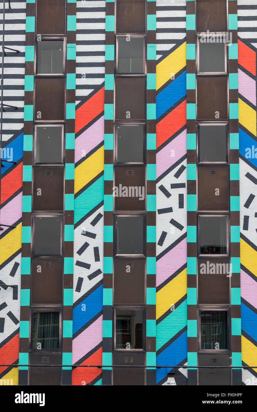 Splice post-production company offices, with facade by Camille Walala, 'Dream Come True”, Old Street, Shoreditch, London, England, UK Stock Photo