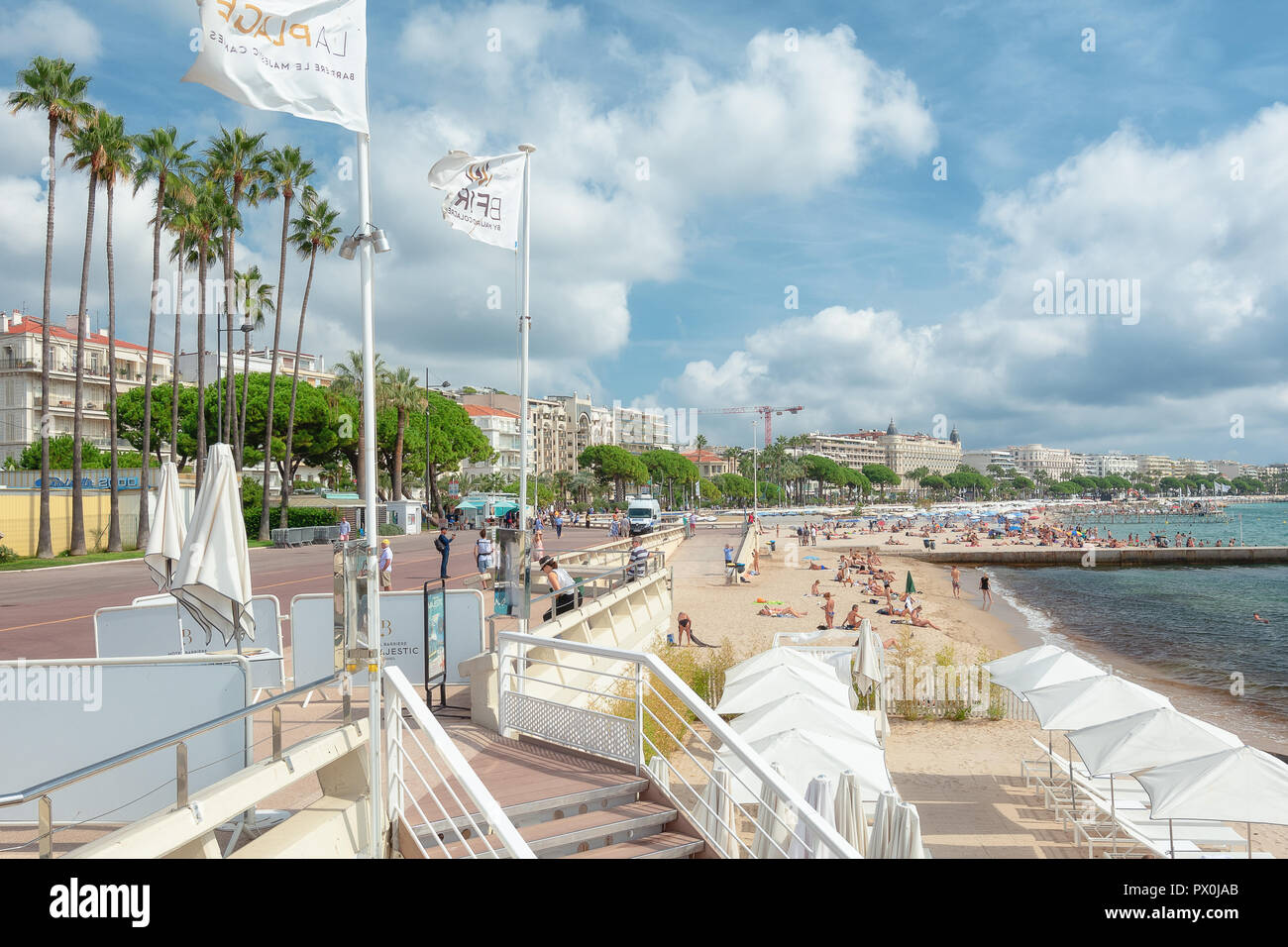 Cannes, France, September 15, 2018:  The beach of the French city of Cannes on the French Riviera Stock Photo