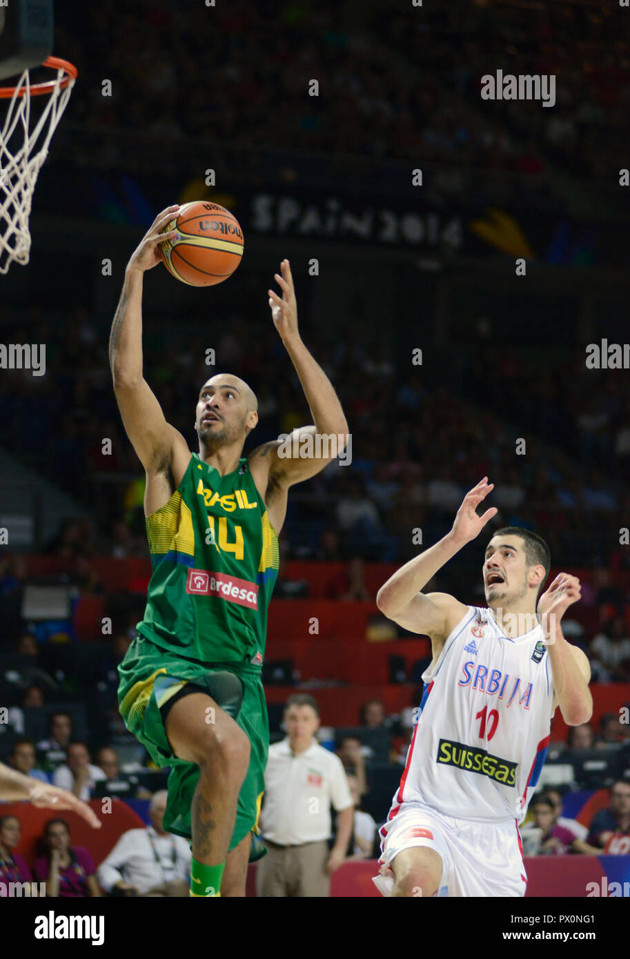 Marcus Vieira (Brazil) scoring over Nikola Kalinic (Serbia). Basketball World Cup Spain 2014 Stock Photo