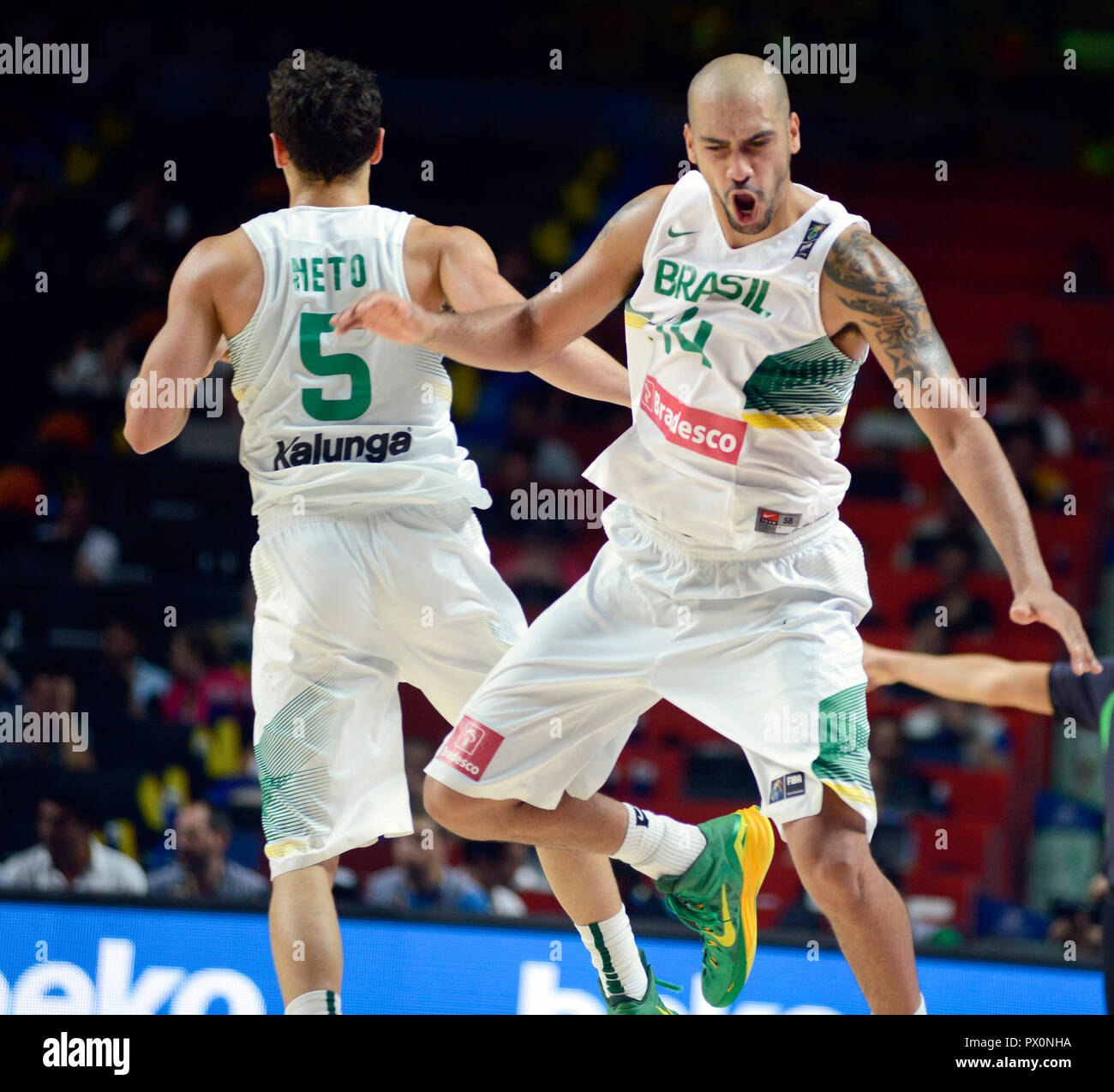 Marcus Vieira and Raulzinho Neto celebrating. Brazil National Team. Basketball World Cup Spain 2014 Stock Photo