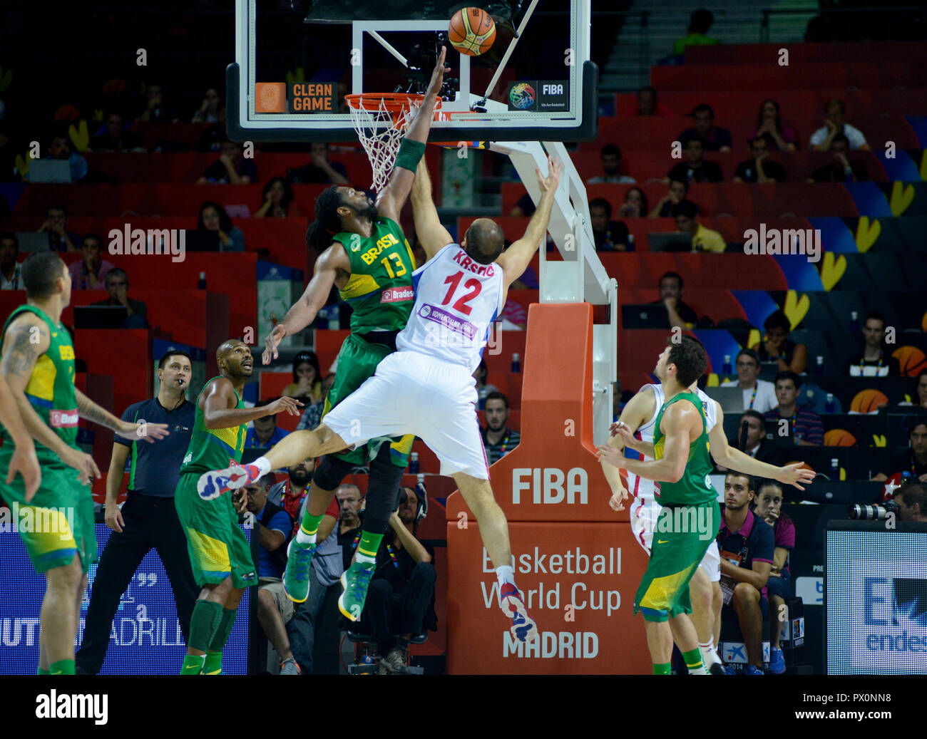 Nene Hilario (Brazil) blocking Nenad Krstic (Serbia). Basketball World Cup Spain 2014 Stock Photo