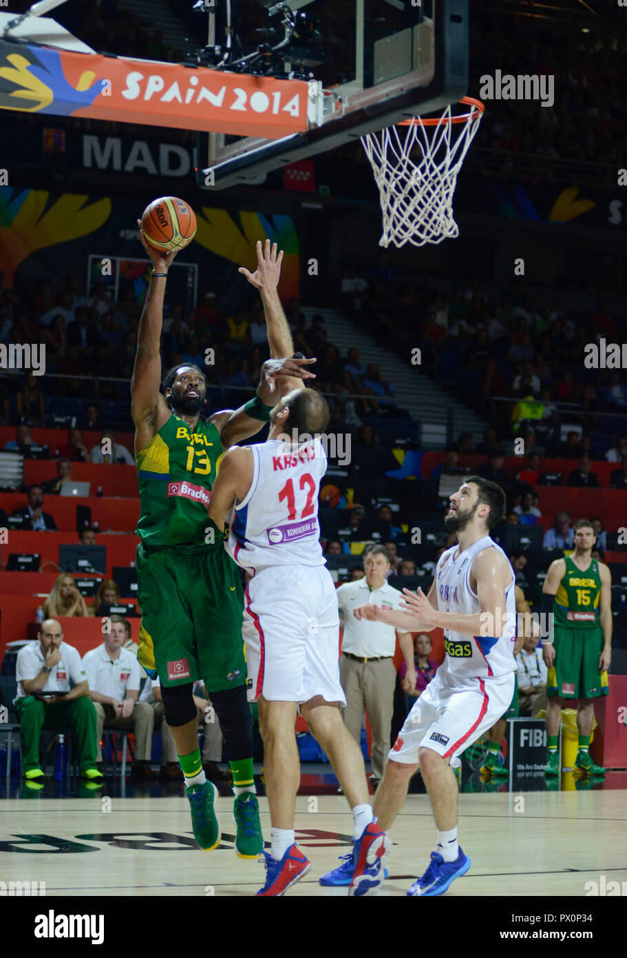 Nene Hilario (Brazil) scoring over Nenad Krstic (Serbia). Basketball World Cup Spain 2014 Stock Photo