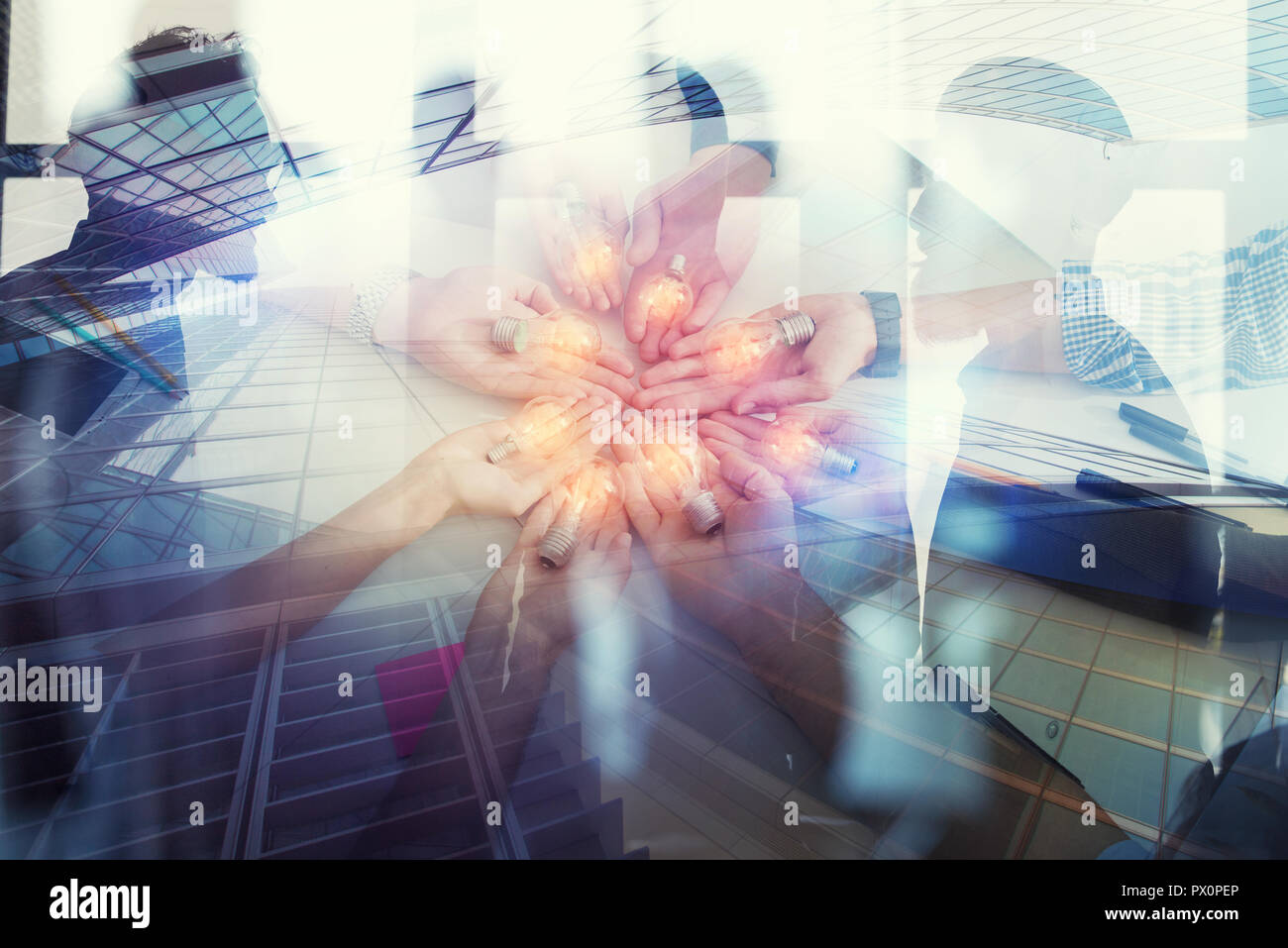 Teamwork and brainstorming concept with businessmen that share an idea with a lamp. Concept company startup. Double exposure Stock Photo