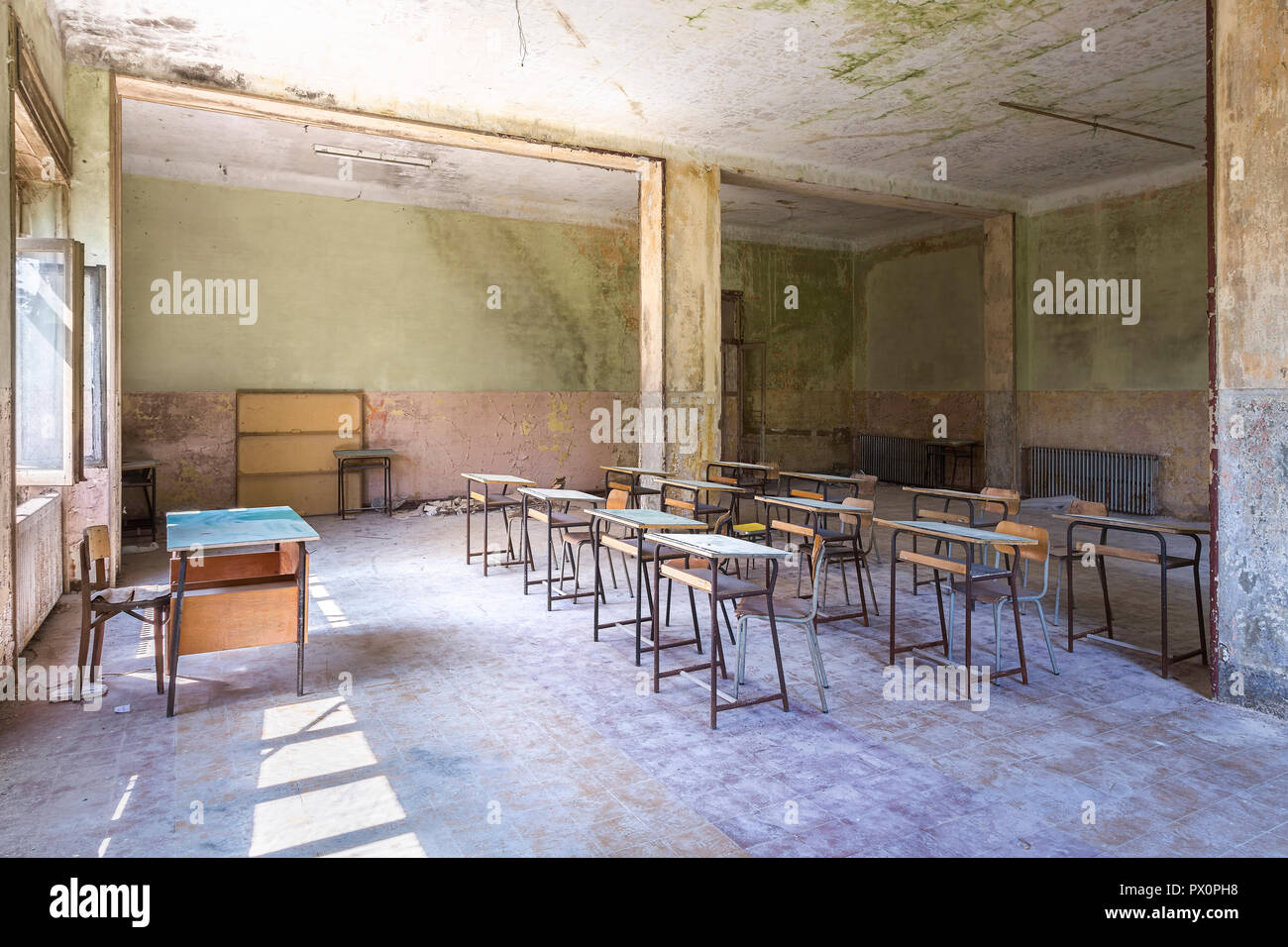 Interior view of an abandoned classroom in a school in Switzerland ...
