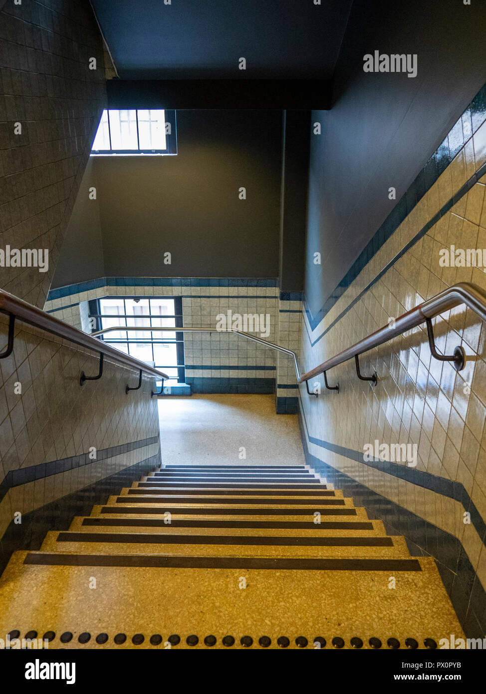 Art deco style staircase in the Gowings Building converted into the QT Hotel, Market Street Sydney NSW Australia. Stock Photo