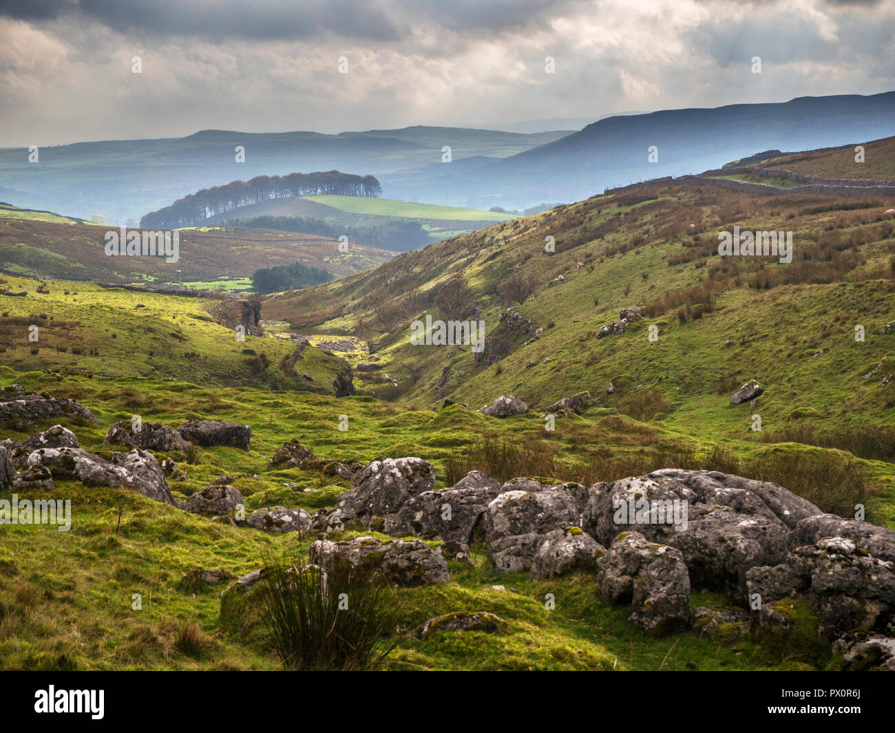 View along Ribblesdale from Horton Scar Lane near Horton in Ribblesdale Yorkshire Dales England Stock Photo