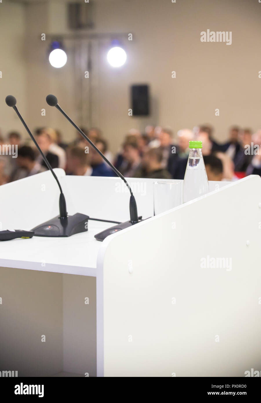 Two Microphones At The Table And Bottle Of Water Business Conference Stock Photo Alamy