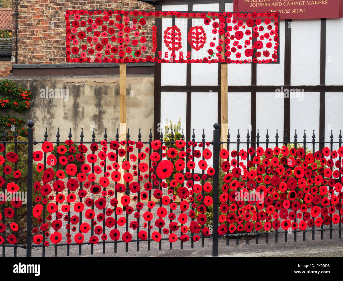 Knitted and crocheted poppy display commemorating 100 years since the end of the First World War Ripon Yorkshire England Stock Photo