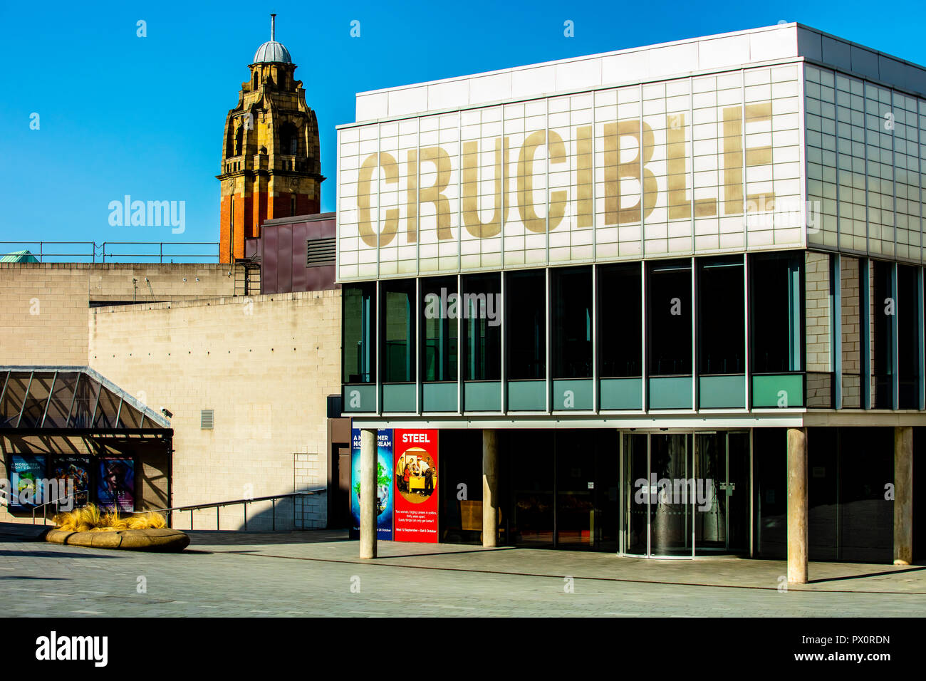 Sheffield, UK - Aug 29 2018: Crucible Theatre signage and architecture details of cinema building Stock Photo