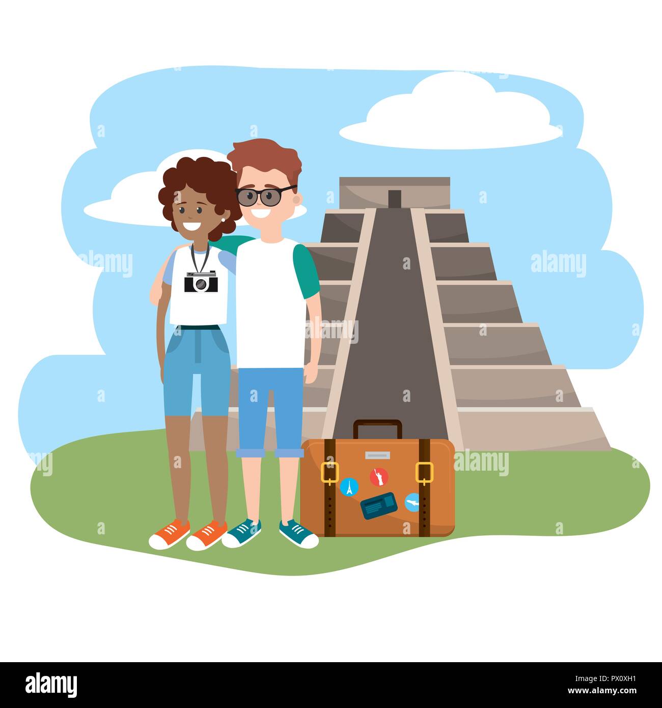 woman and man with briefcase travel in the temple of inscriptions Stock Vector