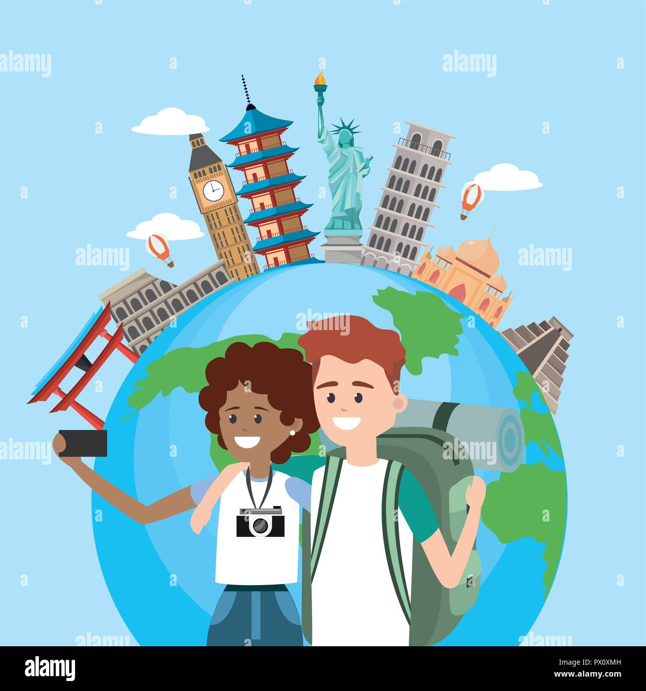 woman and man couple with smartphone to travel around the world Stock Vector