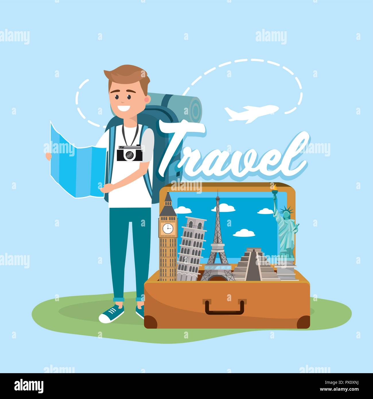 man with global map to travel around the world Stock Vector