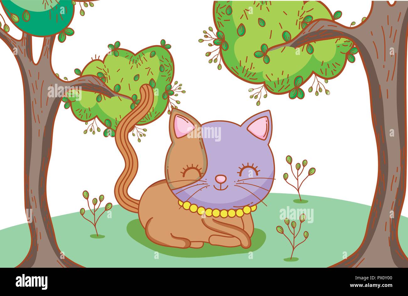 cute cat with plants and tree leaves Stock Vector Image & Art - Alamy