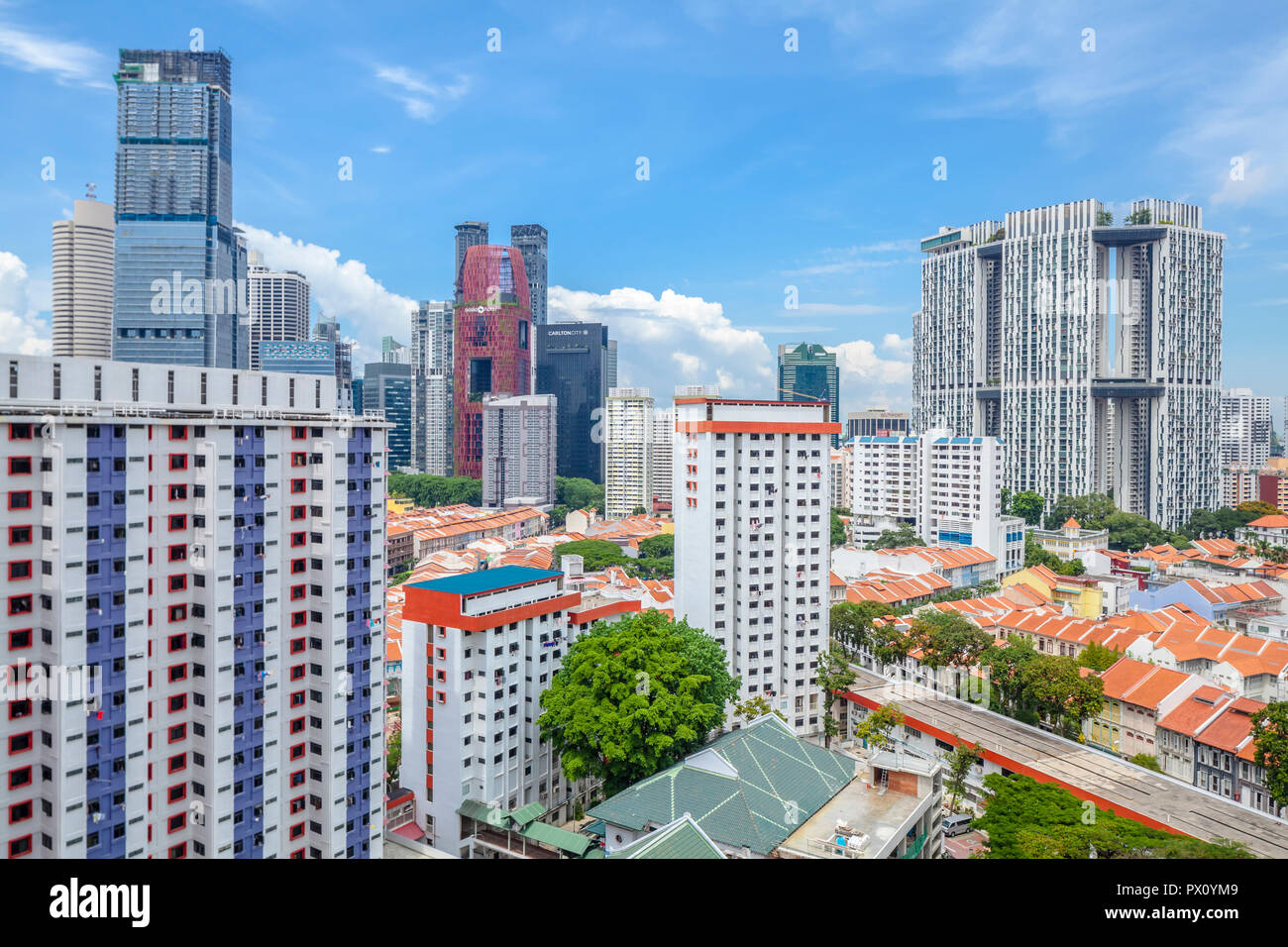Cityscape of Singapore downtown (Tanjong Pagar) featuring conserved district of shophouses and high-rise public housing (The Pinnacle@Duxton) Stock Photo