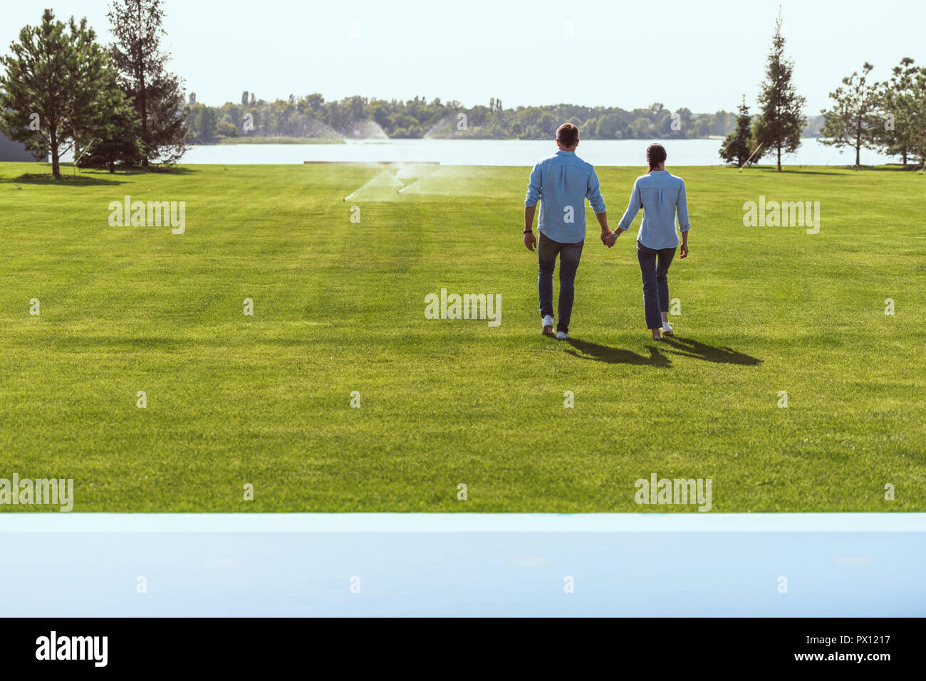rear view of couple holding hands and walking on grass outdoors Stock ...