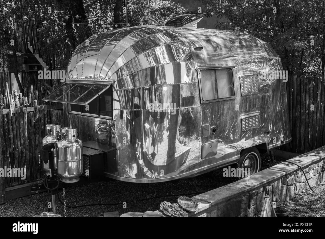 A 1950s Airstream Bubble travel trailer. Black & white. Stock Photo
