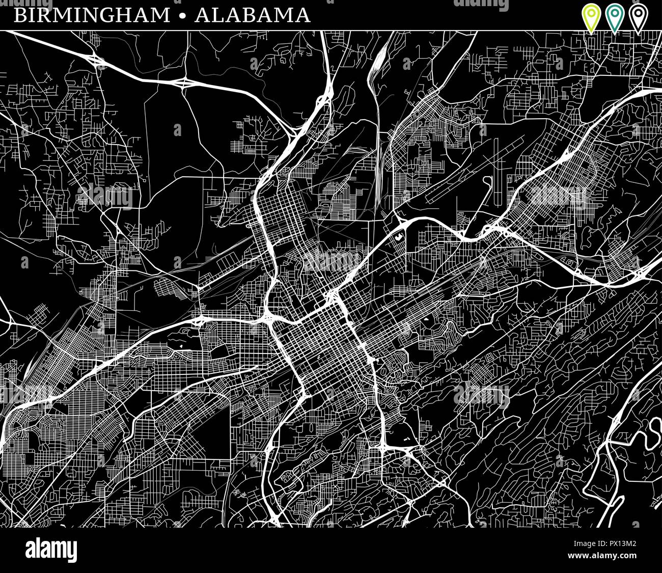 Simple map of Birmingham, Alabama, USA. Black and white version for