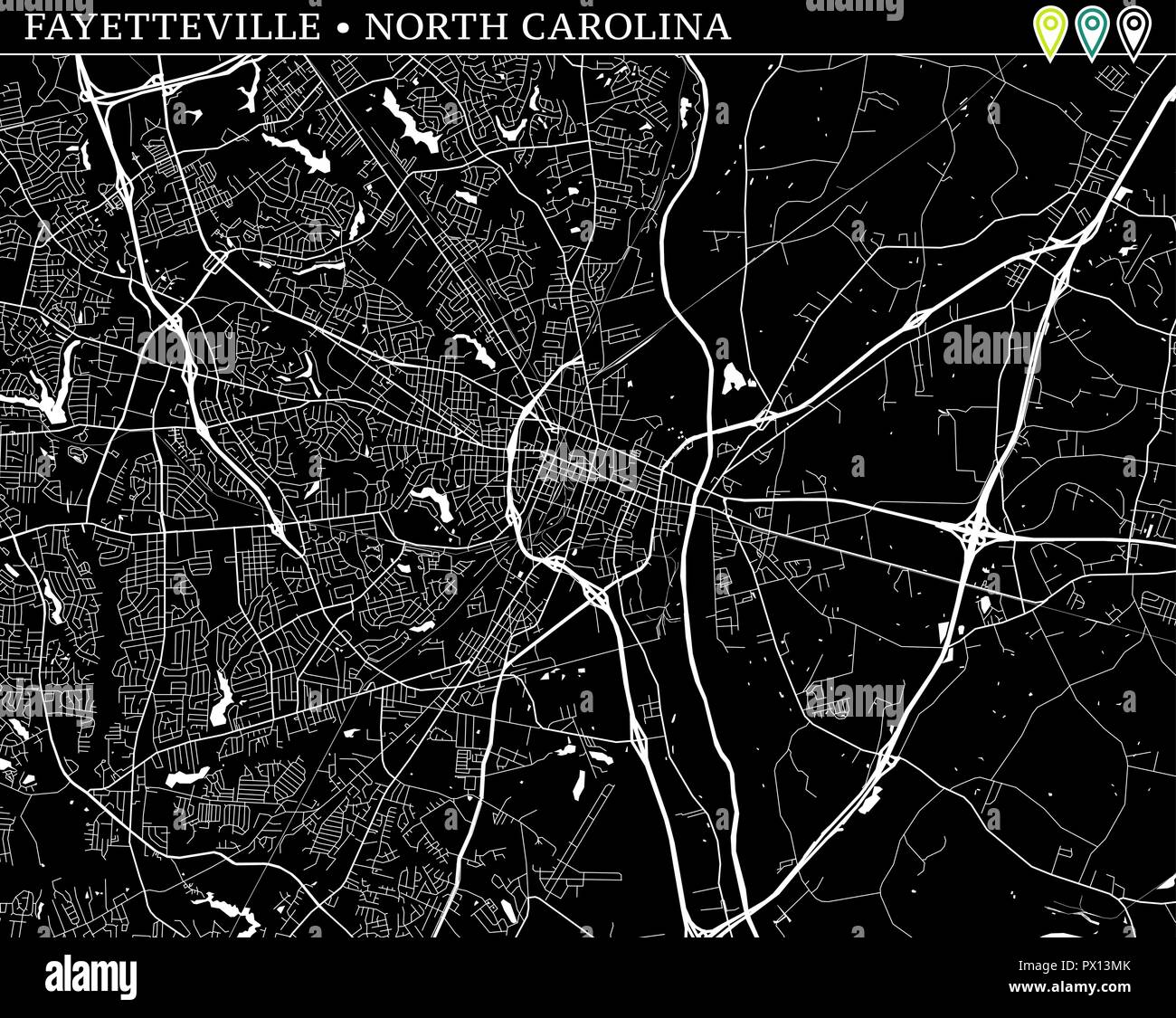 Simple map of Fayetteville, North Carolina, USA. Black and white version for backgrounds. This map of Fayetteville contains three markers who are grou Stock Vector