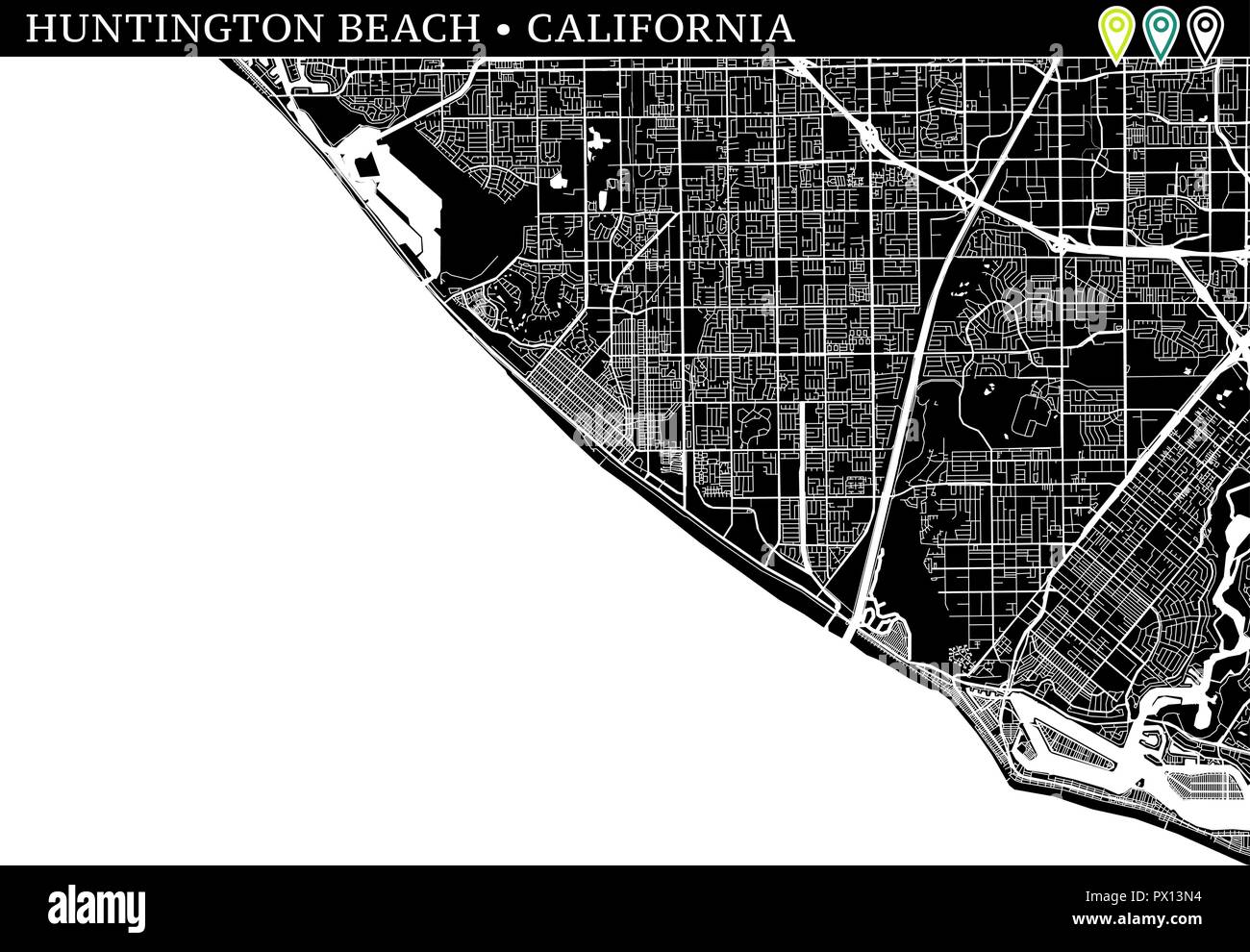 Simple map of Huntington Beach, California, USA. Black and white