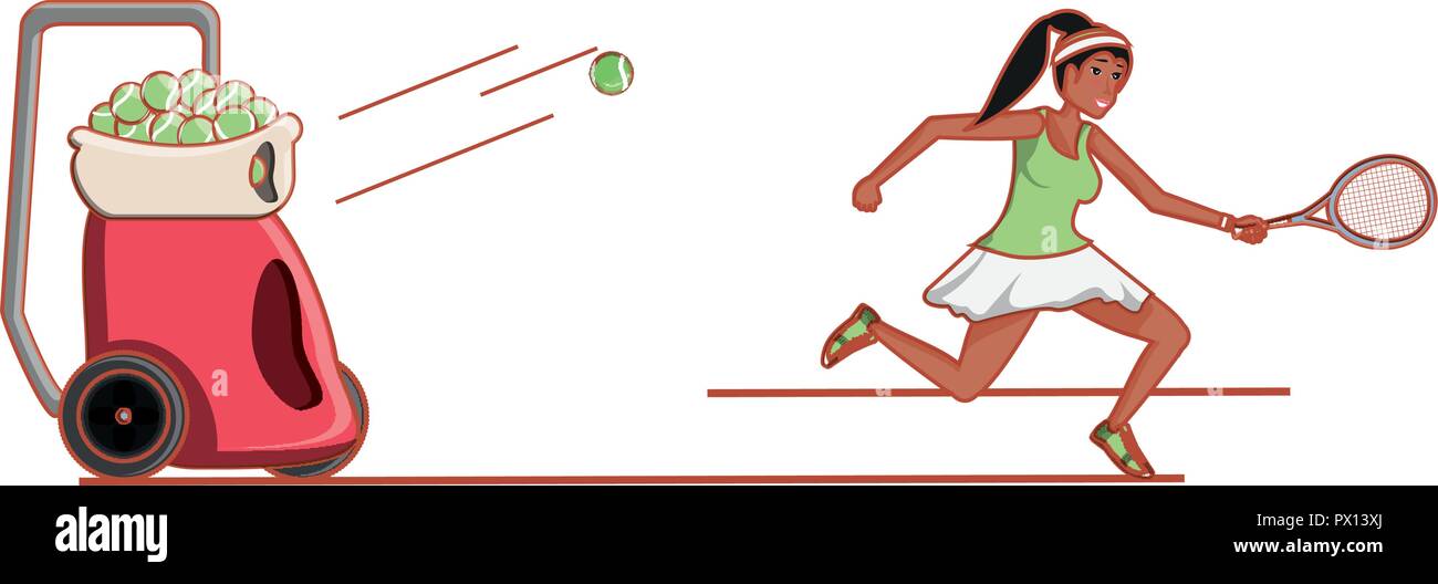 woman practicing tennis with ball throwing machine vector illustration