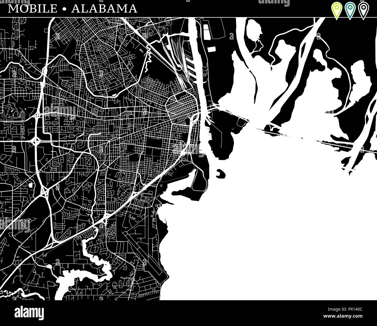 Simple map of Mobile, Alabama, USA. Black and white version for
