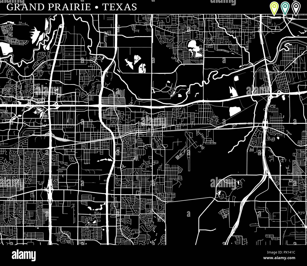 Simple map of Grand Prairie, Texas, USA. Black and white version for
