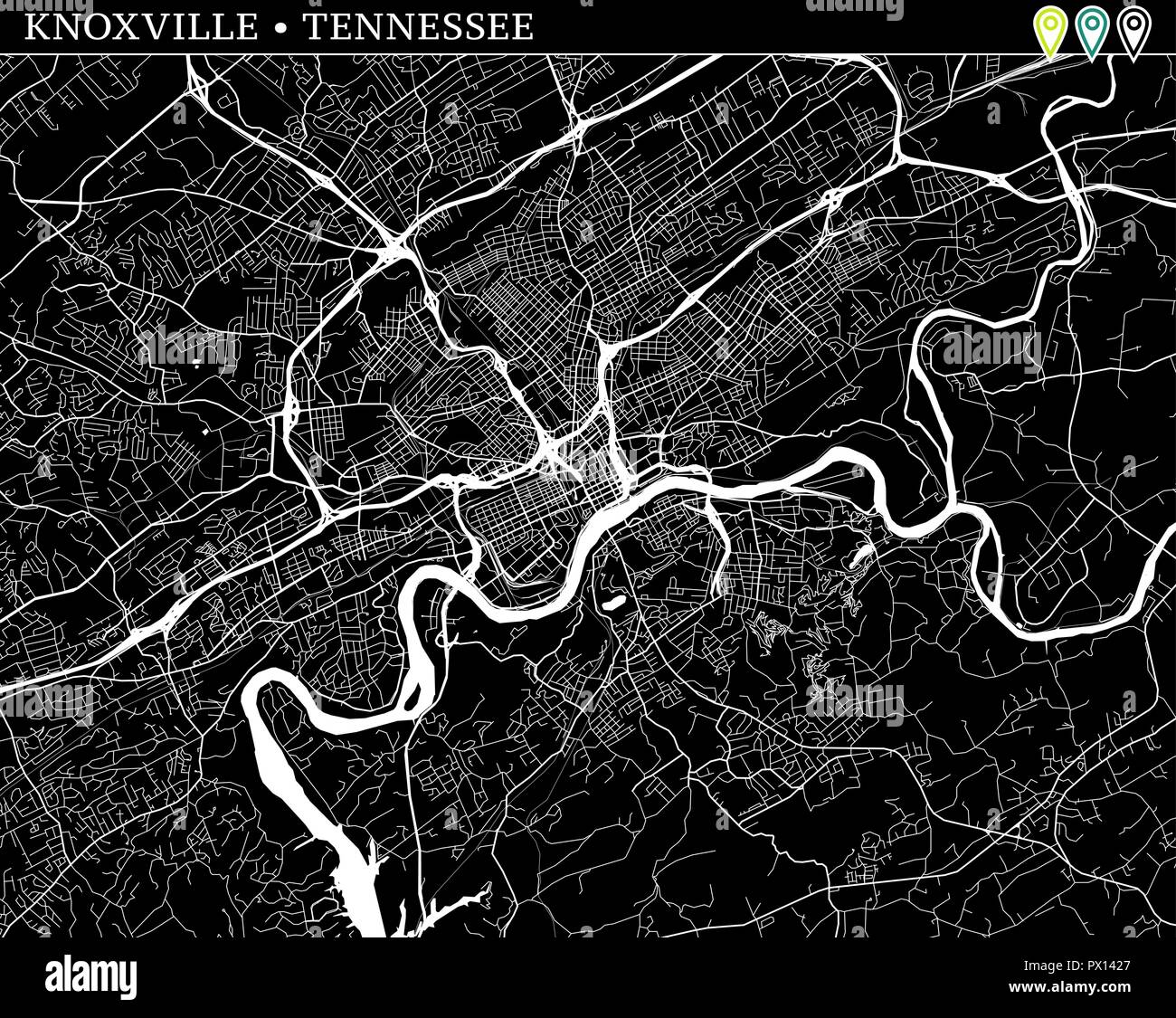 Simple map of Knoxville, Tennessee, USA. Black and white version for backgrounds. This map of Knoxville contains three markers who are grouped and can Stock Vector