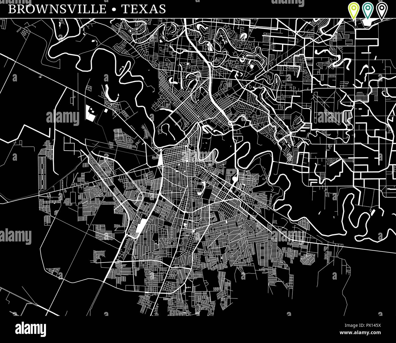 Simple map of Brownsville, Texas, USA. Black and white version for backgrounds. This map of