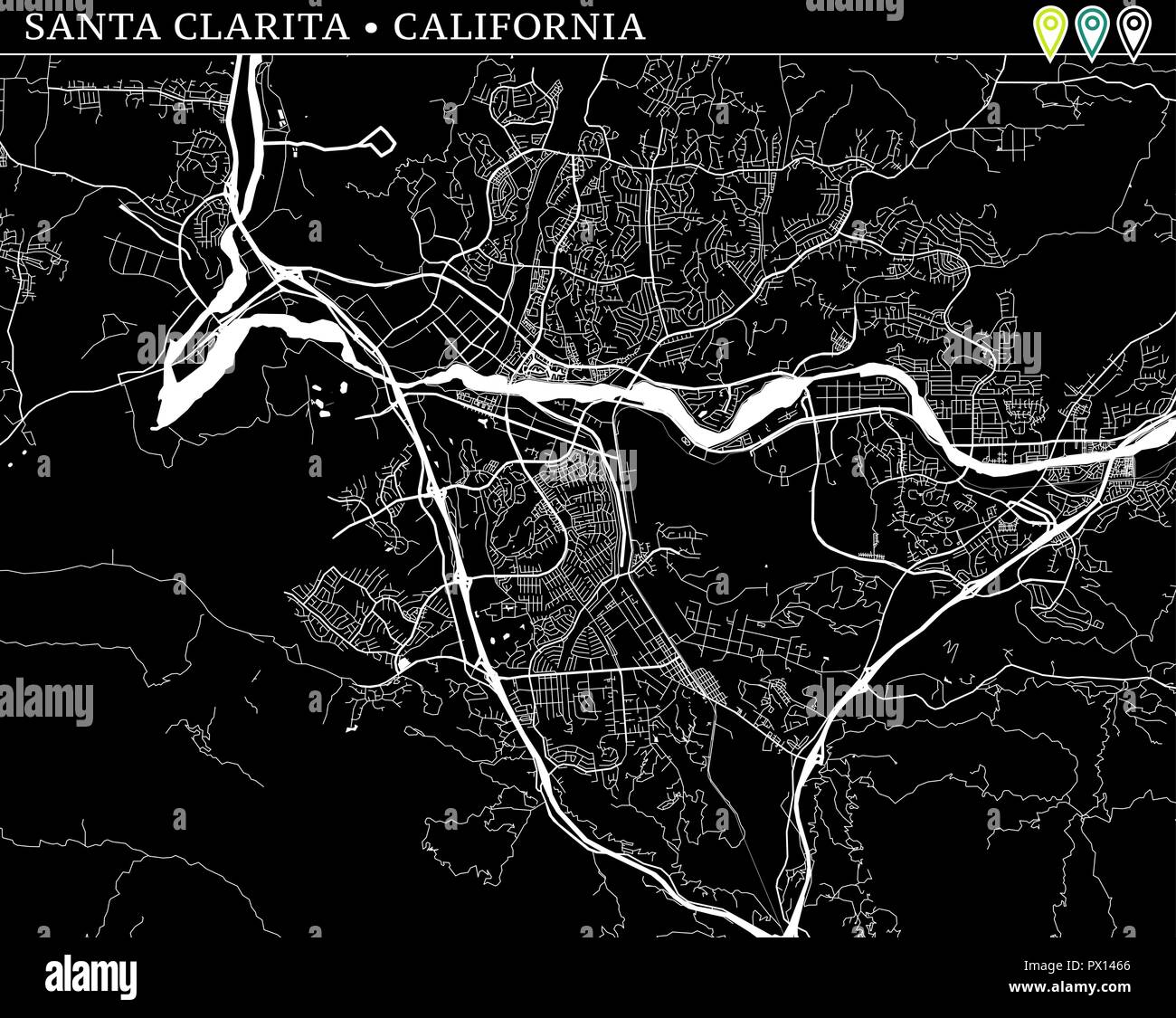 Simple map of Santa Clarita, California, USA. Black and white version