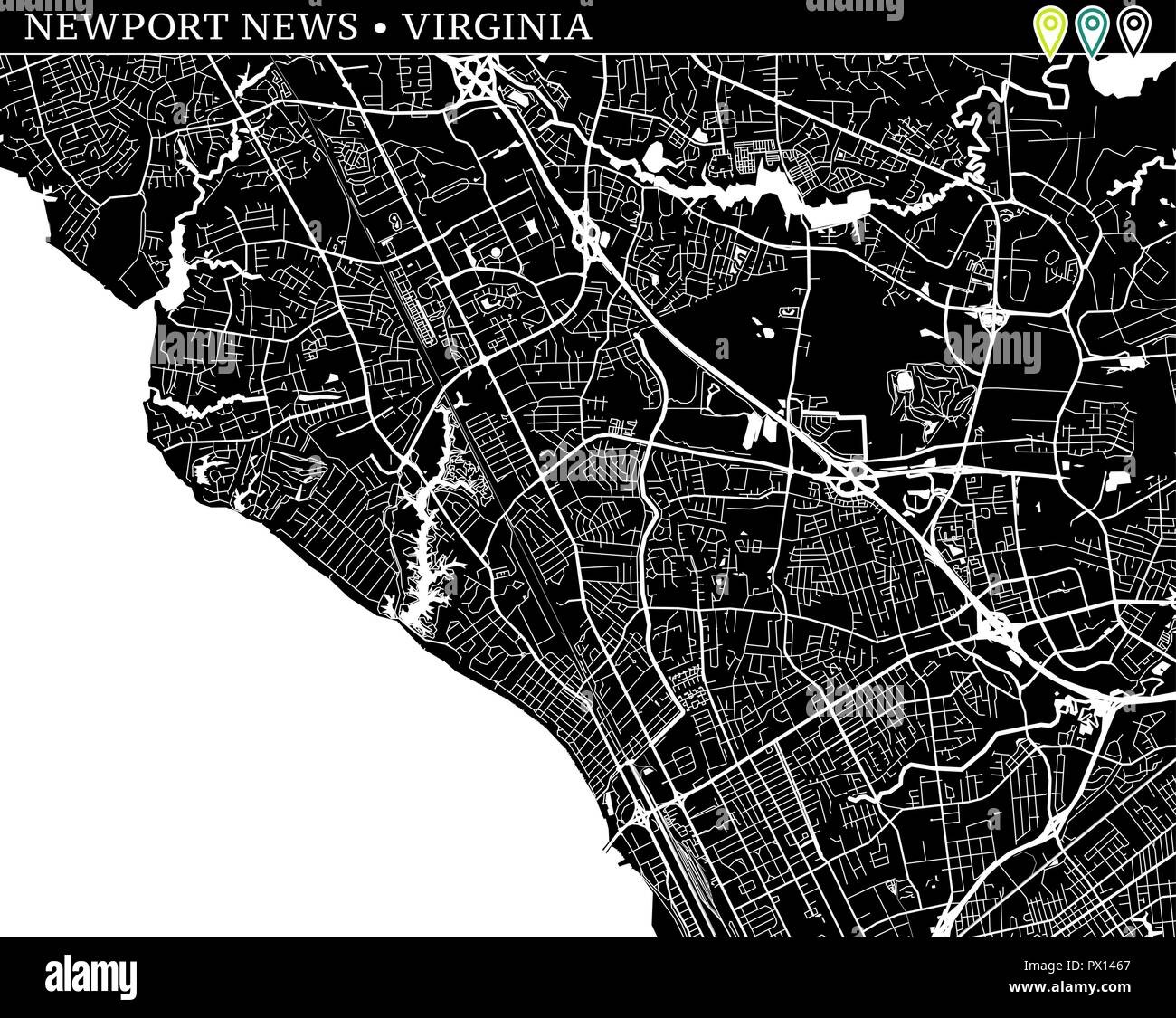 Simple map of Newport News, Virginia, USA. Black and white version for backgrounds. This map of